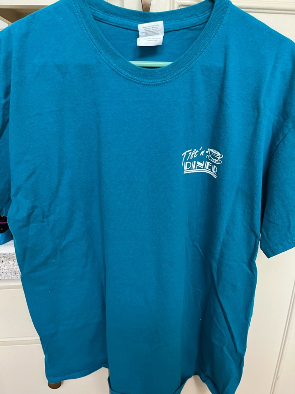 Teal Blue Graphic Tee with Small Chest Logo, Large back logo